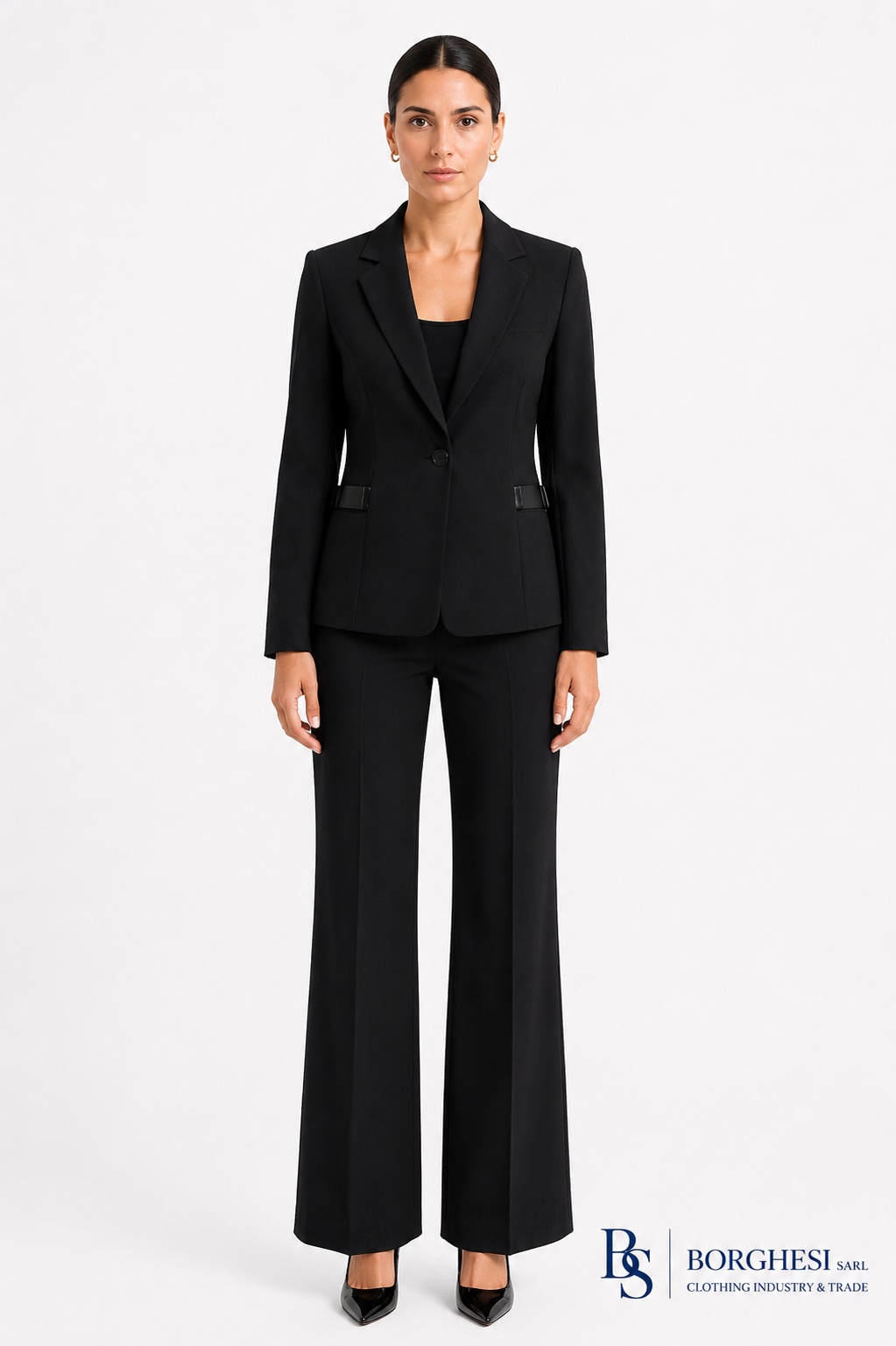 Women's black single-button peak lapel blazer with tab pockets and flared trousers