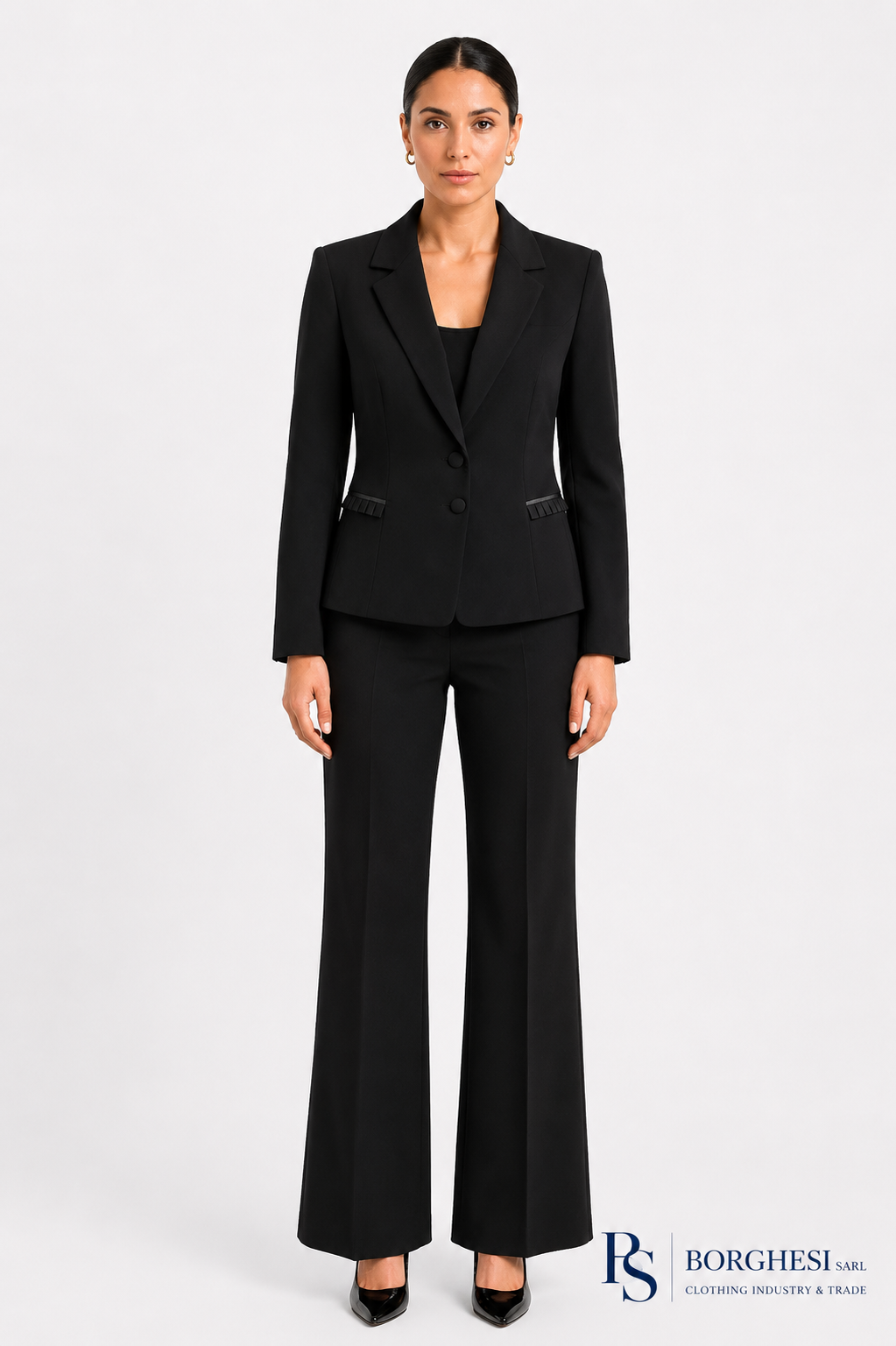 Women's black two-button blazer with pleated pocket flaps and matching flared trousers