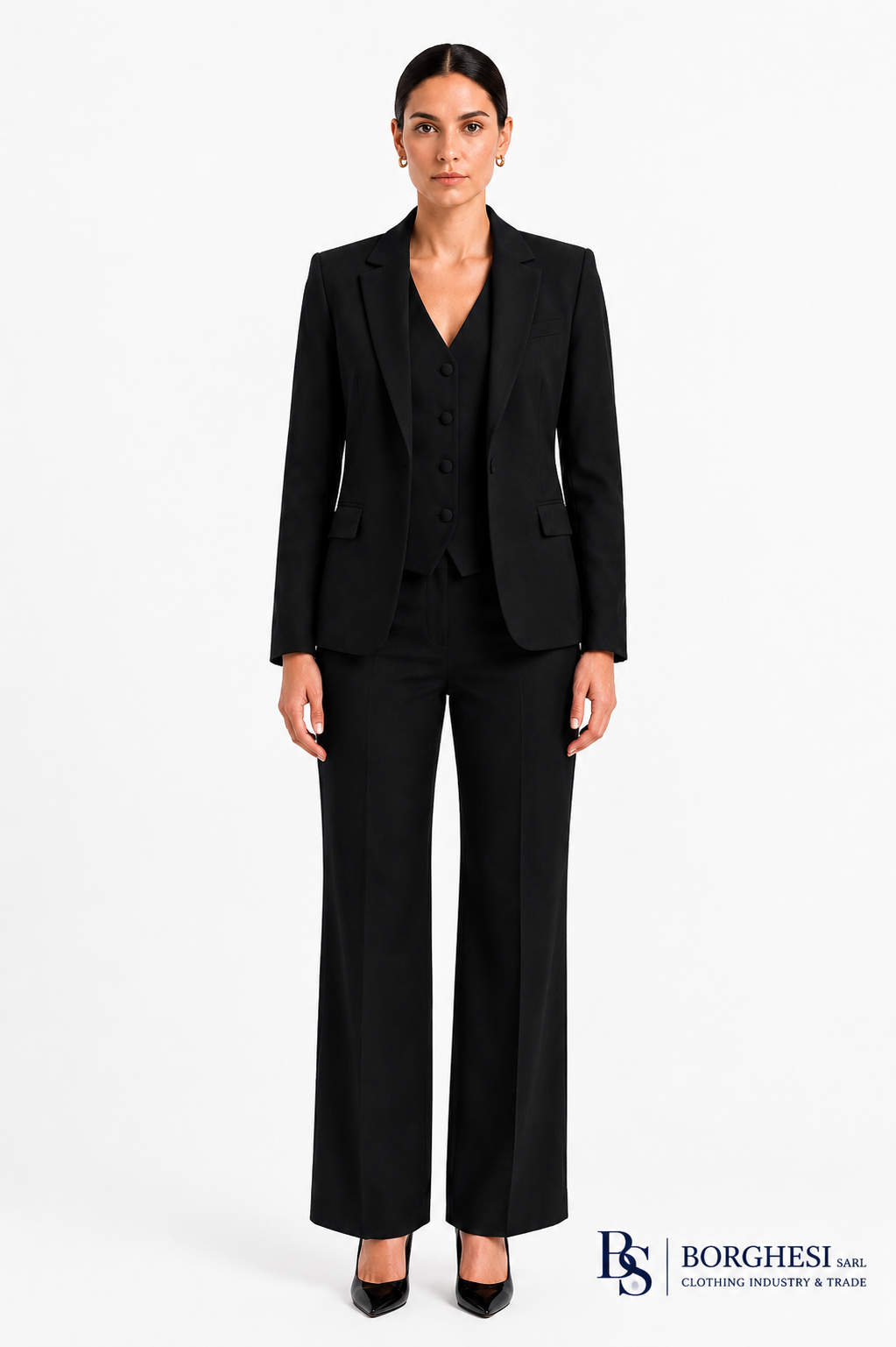 Women's black three-piece suit with waistcoat, blazer and straight-leg trousers