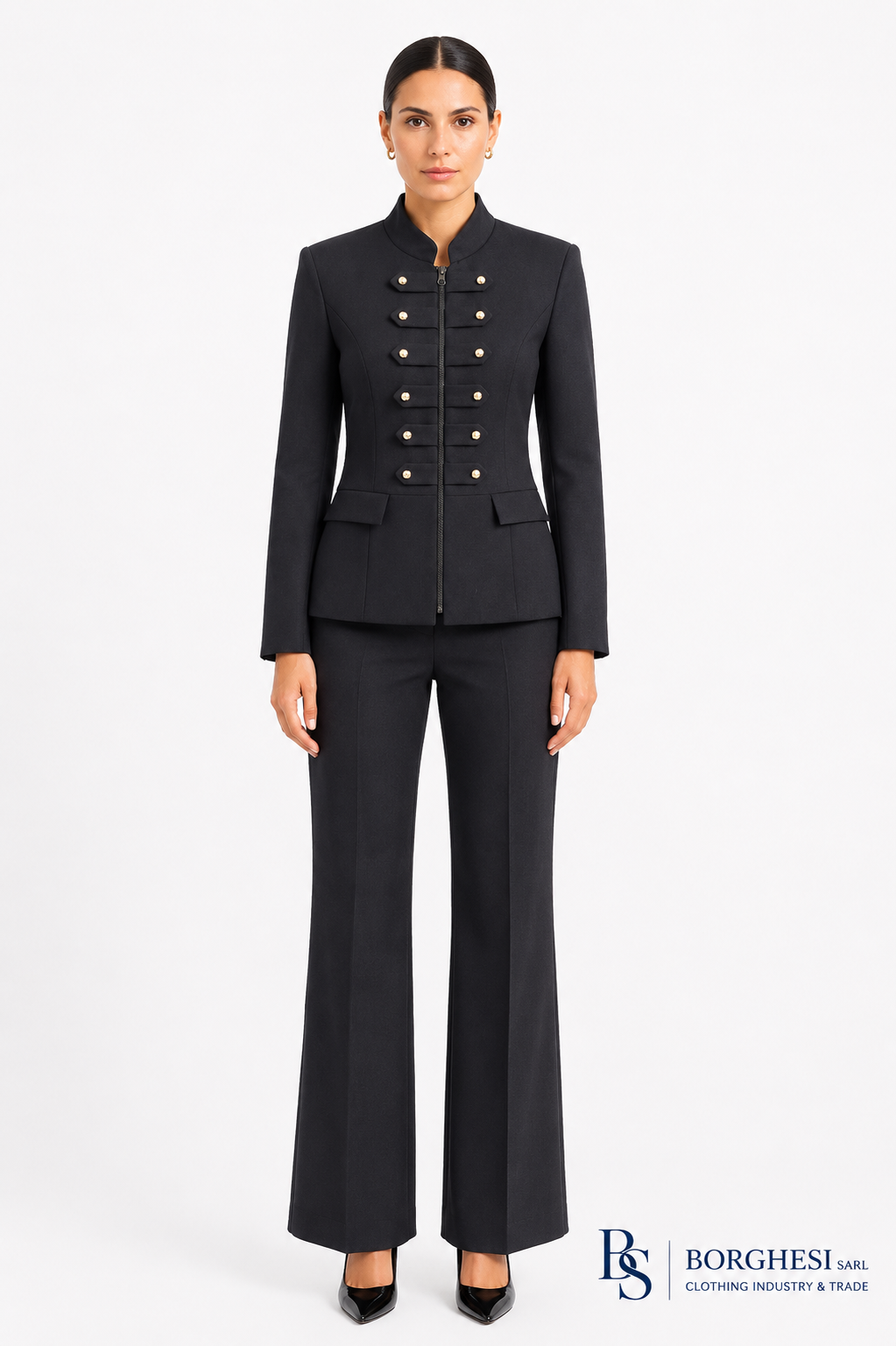Women's black stand-collar jacket with gold military-style buttons, zip front, worn with flared trousers