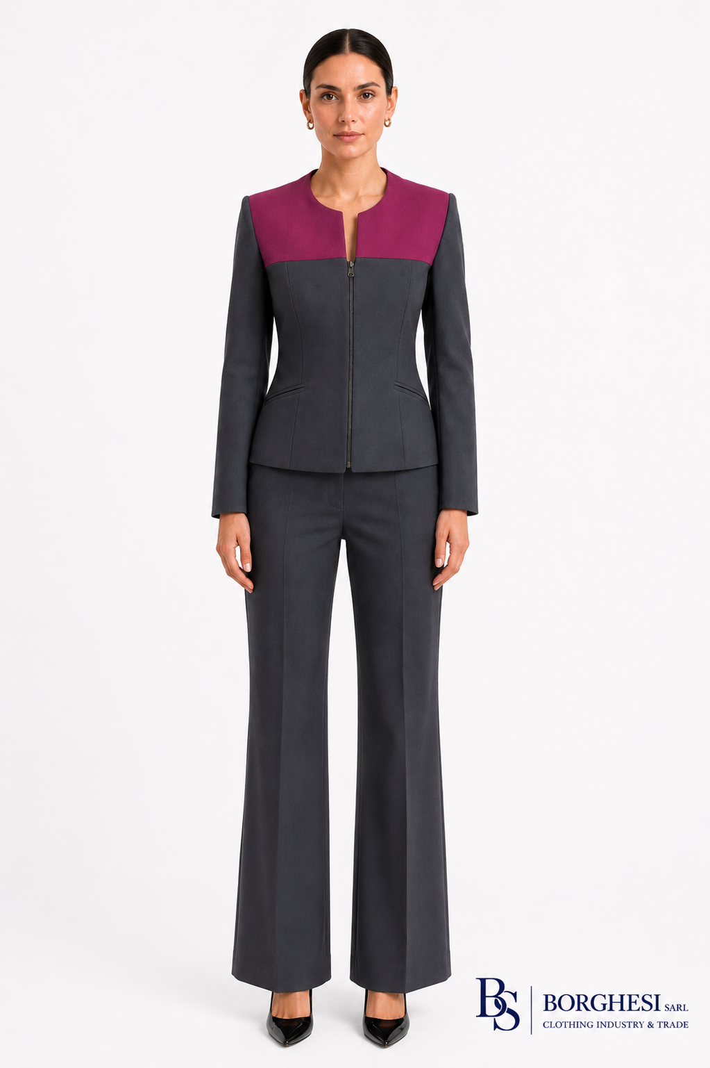 Women's grey zip-front jacket with contrasting magenta shoulder panel and flared trousers