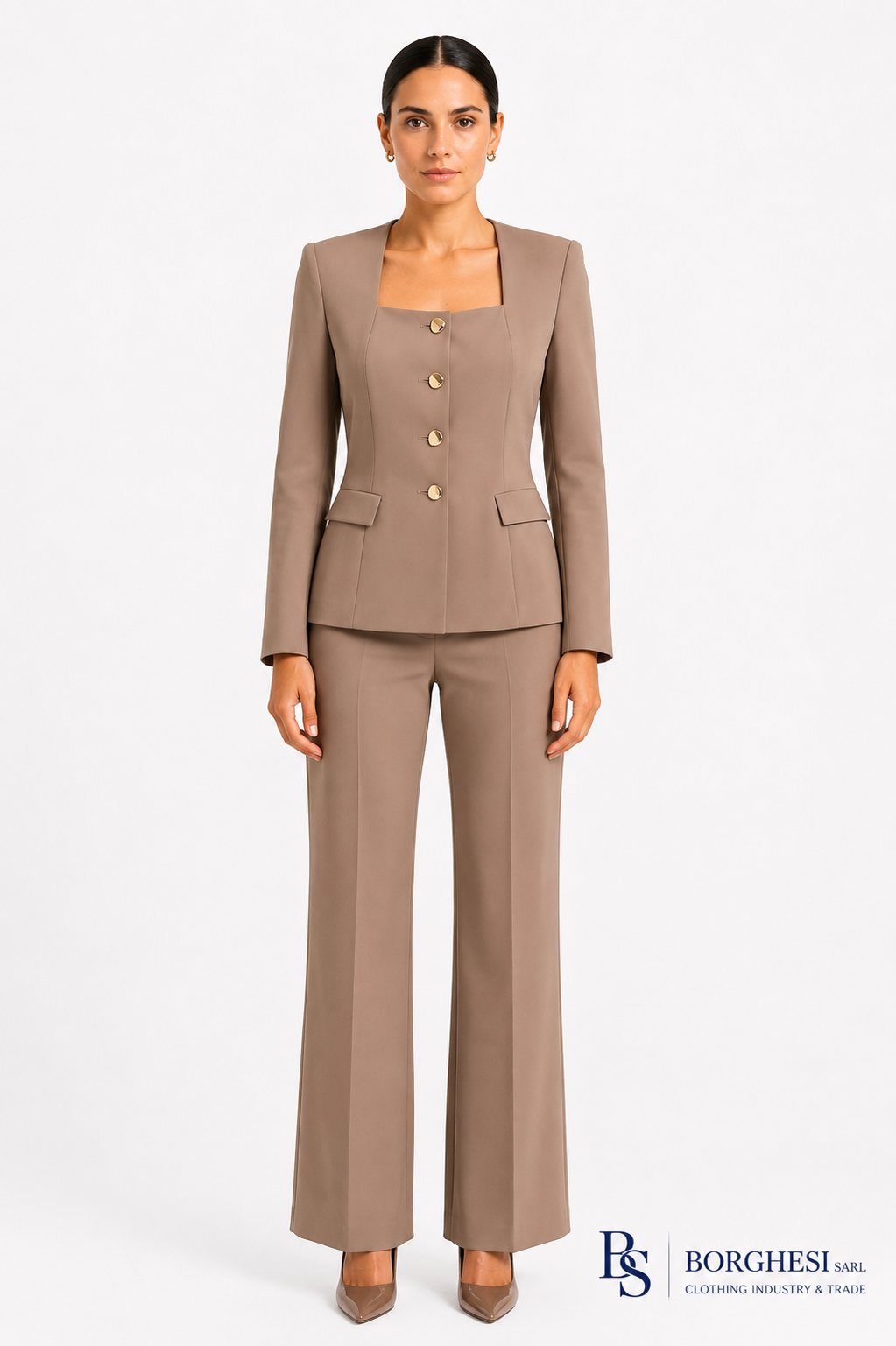 Women's taupe square-neck jacket with gold buttons and matching flared trousers