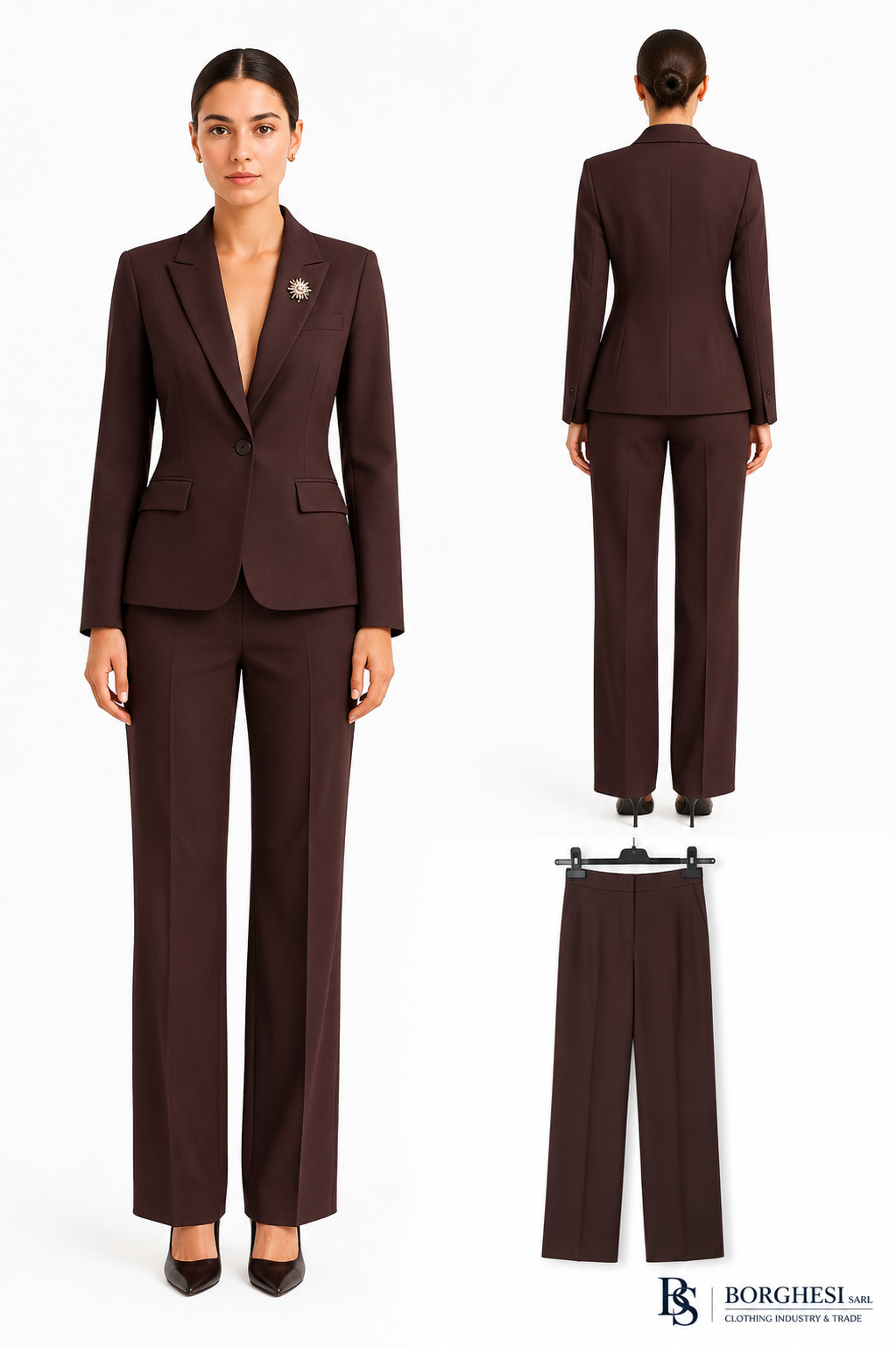 Women's dark brown tailored blazer and trousers shown from the front, back and on a hanger