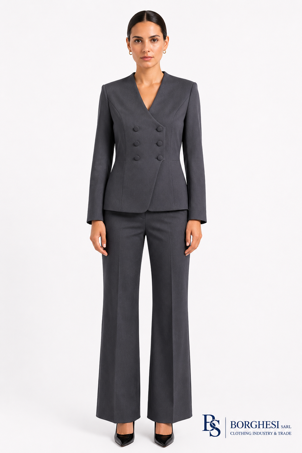Women's charcoal grey double-breasted collarless jacket with flared trousers