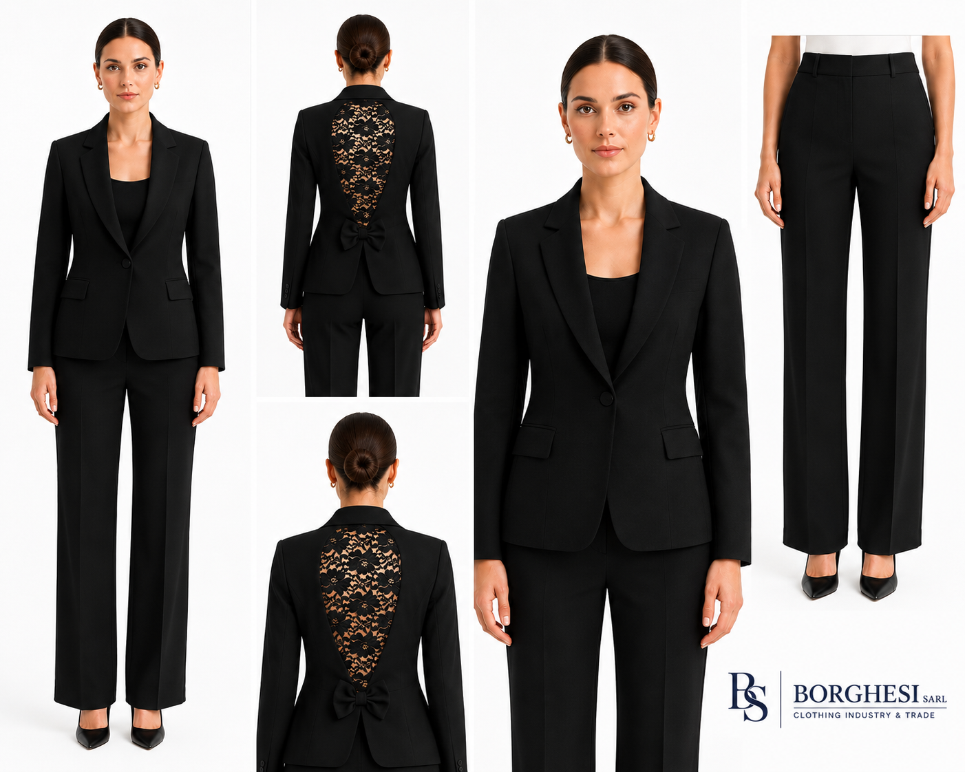Women's black blazer with lace back panel and bow detail, front and back views