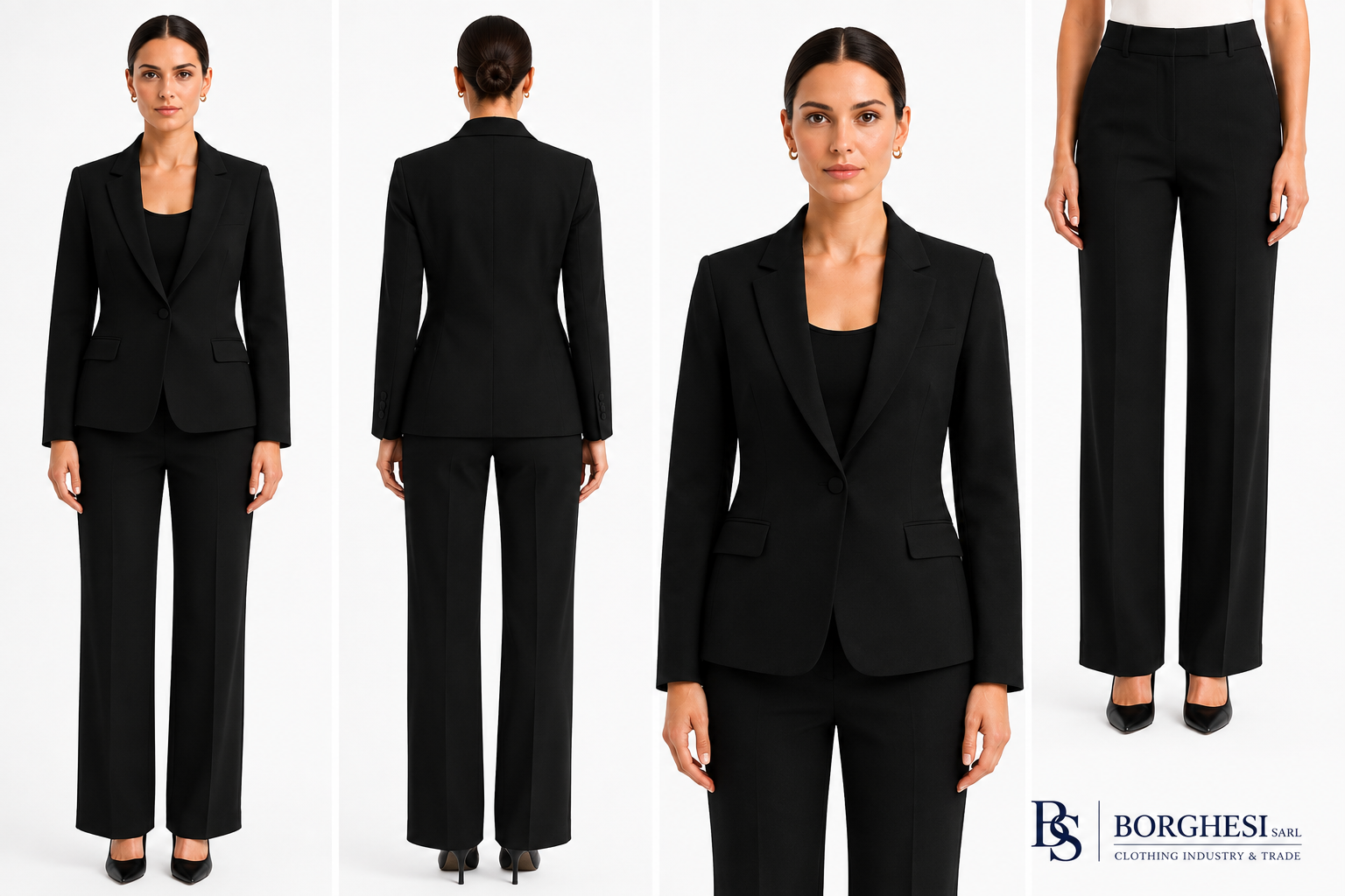 Women's black single-button blazer and wide-leg trousers shown from the front, back and in close-up